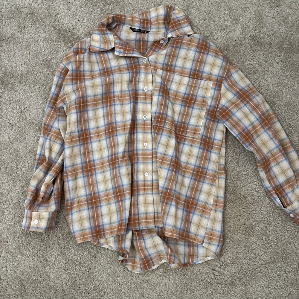 Brown, Blue & Cream Plaid Button-Up Shirt